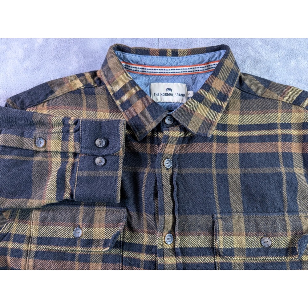 The Normal Brand Mens XL Flannel Shirt Navy Brown Plaid Long Sleeve Button Down